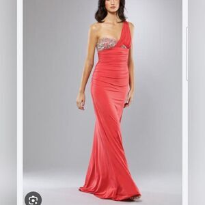 *Mignon women's orange jersey stretch one shoulder beaded formal gown Size 10